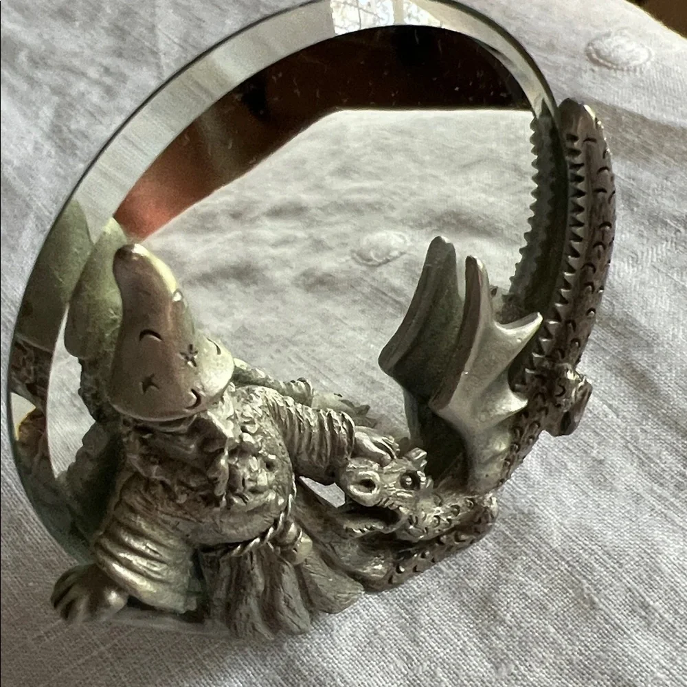 Vintage Pewter Spoontiques 7397 Wizard and Dragon Mirror Decor.
